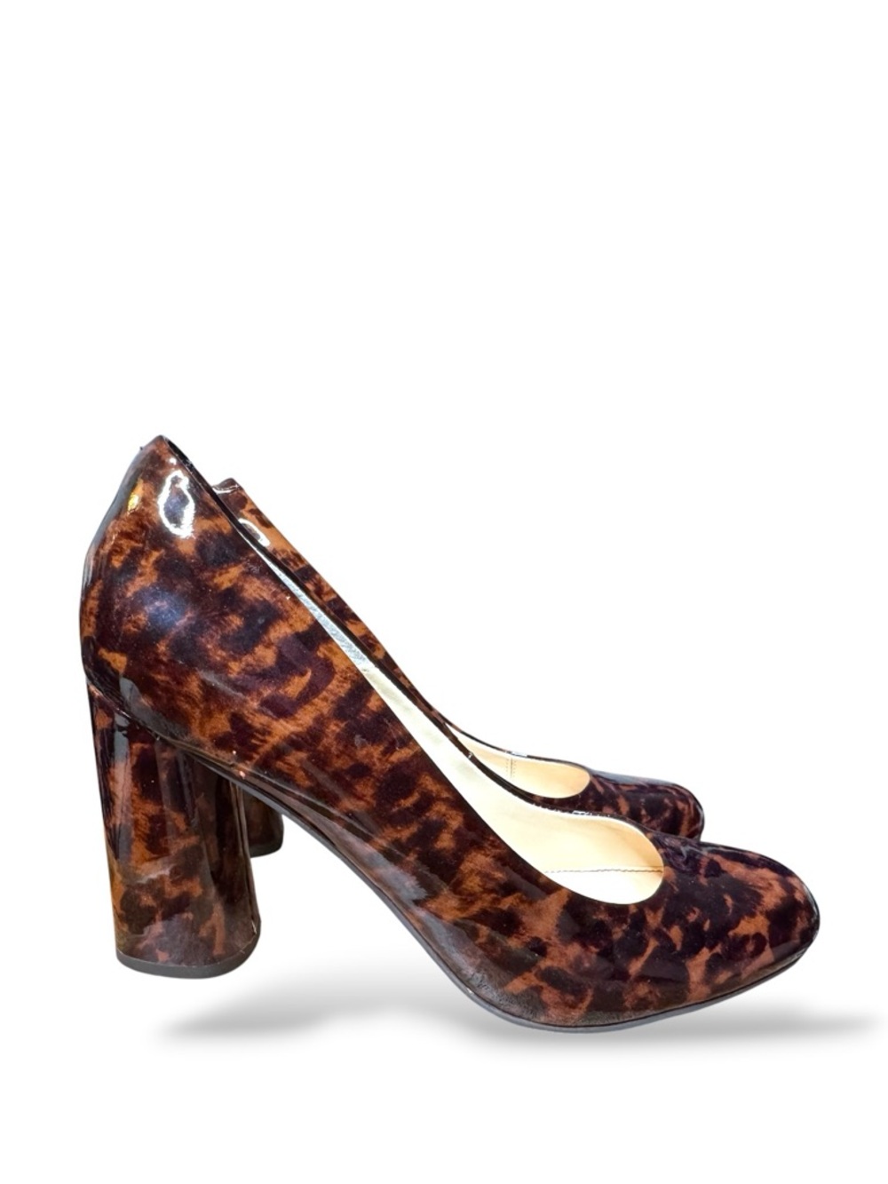 Isola Women’s Brown Tortoiseshell Stack Heel Patent Leather Pumps size 8.5